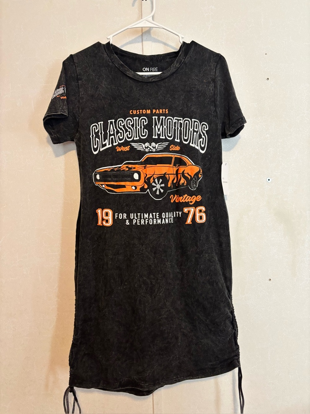On Fire | Black Tee Dress with Orange Classic Car Graphic | Size Large